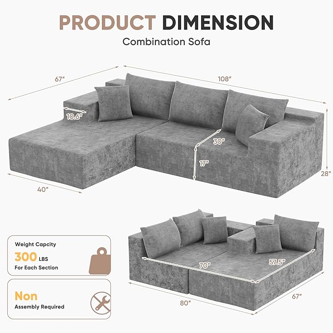 Homall 108" Modular Sectional Sofa, Boneless Couch with L-Shape Chaise, Cloud Couch with Deep Seat Upholstered, No Assembly Required for Living Room, Bedroom (Chenille, Grey)