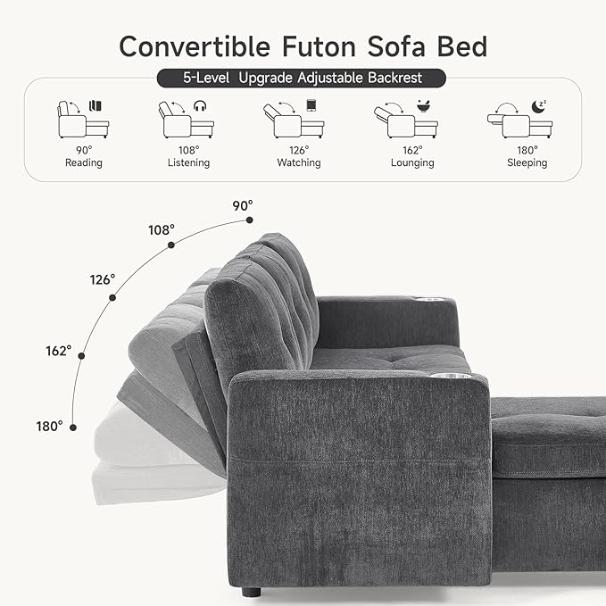 ONBRILL Sleeper Sofa,L-Shaped Sectional Sofa Bed with Storage Chaise,Tool-Free Assembly,Reversible 3 in 1 Pull Out Couch,Couches for Living Room,Apartment,Chenille,Grey