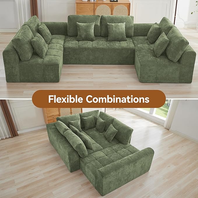 140''Modular Sectional Couches for Living Room, Cloud Boneless Compressed Sectional Sofa, Oversized U Shaped 6 Seater Upholstered Memory Foam Sofa, No Assembly, Chenille Green