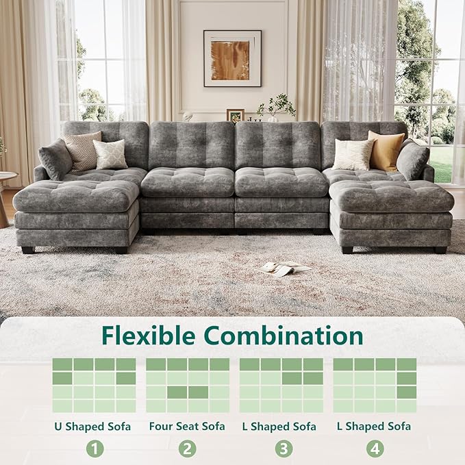 Modular Sectional U Shaped Sofa Couches for Living Room, Cloud Couch with Movable Ottoman, Comfy Chenille Sofa with Pillow for Bedroom and Apartment,Dark Gray-Tufted