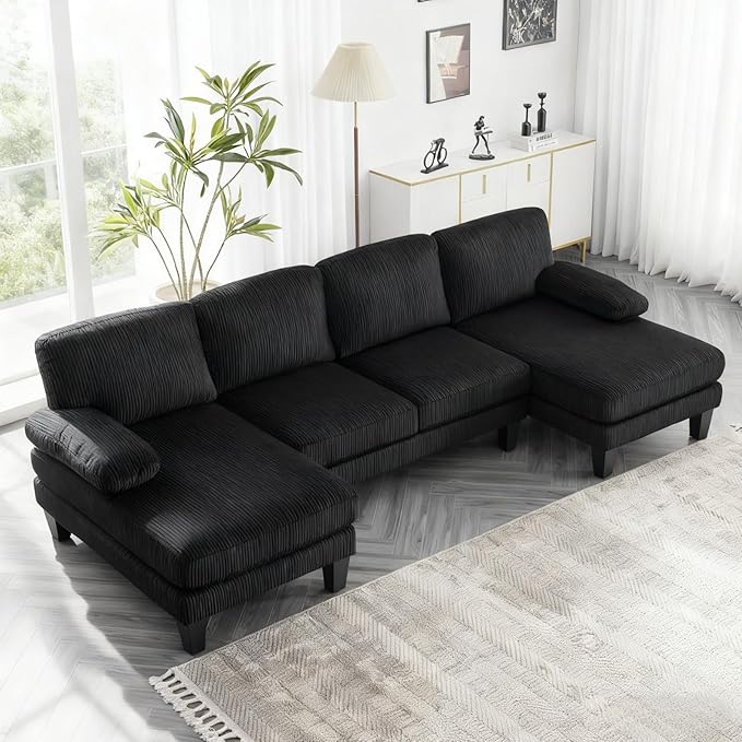 Karl home 111" Sectional Sofa U-Shaped 4-Seat Couch with Chaises Wood Grian Legs Corduroy Fabric Upholstered for Living Room, Apartment, Office, Black