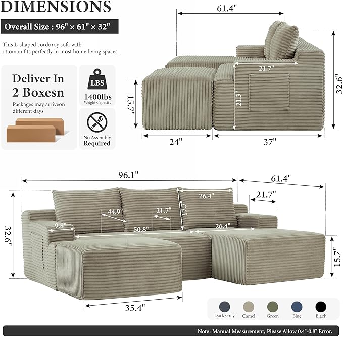 96" Sectional Couches for Living Room Cloud Couch Sofa with L-Shape Upholstered Boneless Couchs Modern Modular Sectional Couch with Chaise (Camel, 96" W+Right Facing Chaise+2Seaters+Ottoman)