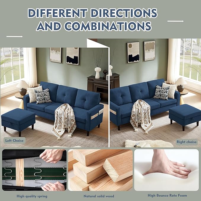 79" Convertible Sectional Sofa, Small L Shaped 3 Seat Couch with Storage Chaise and Side Pocket, Modern Linen Fabric Reversible Sofa Couches for Living Room, Apartment and Small Space