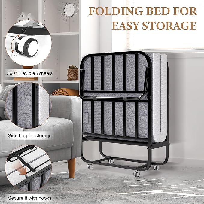 Decofy Folding Bed with Memory Foam Mattress, Portable Rollaway Guest Beds on Wheels, 75"x31" Twin Size Space-Saving Cot-Size Bed for Adults with Easy Assembly Metal Frame (Grey)
