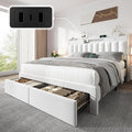 CypBed Full Size Upholstered Platform Bed Frame with Velvet & 2-Tier Storage Headboard, USB & Type-C Charging Ports, 4 Storage Drawers, Solid Wood Slats, No Box Spring Needed, No-Noise, White, Gifts