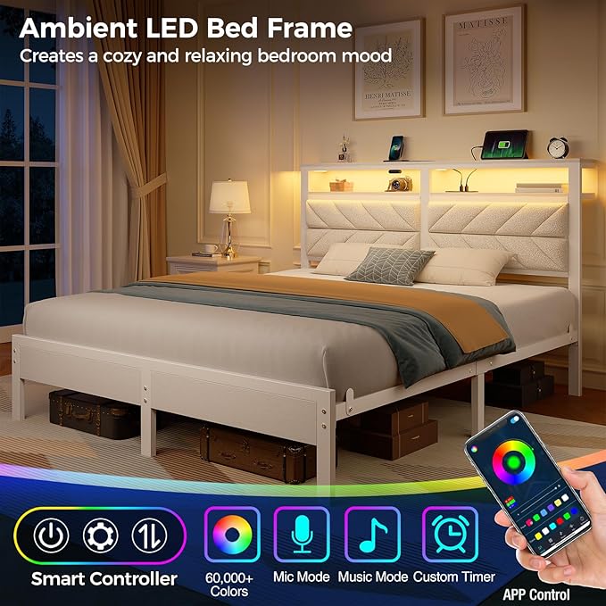 Seventable Bed Frame Queen Size with Charging Station, LED Bed with Upholstered Storage Headboard, Metal Platform Bed with Under Storage, No Box Spring Needed, Noise Free, Easy Assembly, White