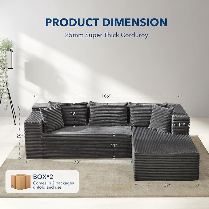 Garvee Modular Sectional Sofa Cloud Sectional Couch, 106" Comfy L Shaped Couches for Living Room,Oversized Sofa Sleeper with Deep Seat, No Assembly Required