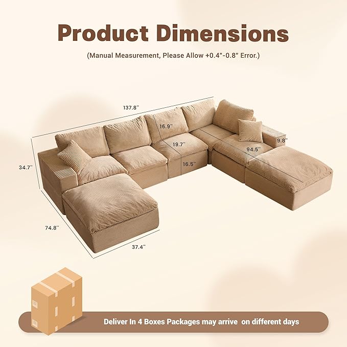 137.8” Sectional Couches for Living Room, Set of Cloud Couch, Modular Sectional Sofa, Convertible Sofas Bed, Deep Seat Sofa, Sleeper Sofa Full Size, Corduroy, Camel