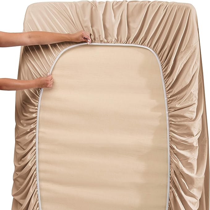 Hearth & Harbor Luxury Soft 6 Piece Bed Sheet Set Extra Deep Pocket Fitted Sheets Fits Mattress up to 21", Double Brushed Bedding, Split King Size, Taupe