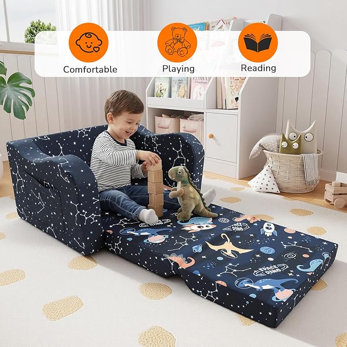 MeMoreCool Toddler Couch, 2-in-1 Kids Couch Fold Out to Lounger, Comfy Toddler Chair for 1-3 Year Old, Soft Foam Kids Sofa with Washable Cover and Side Pocket, Midnight Galaxy