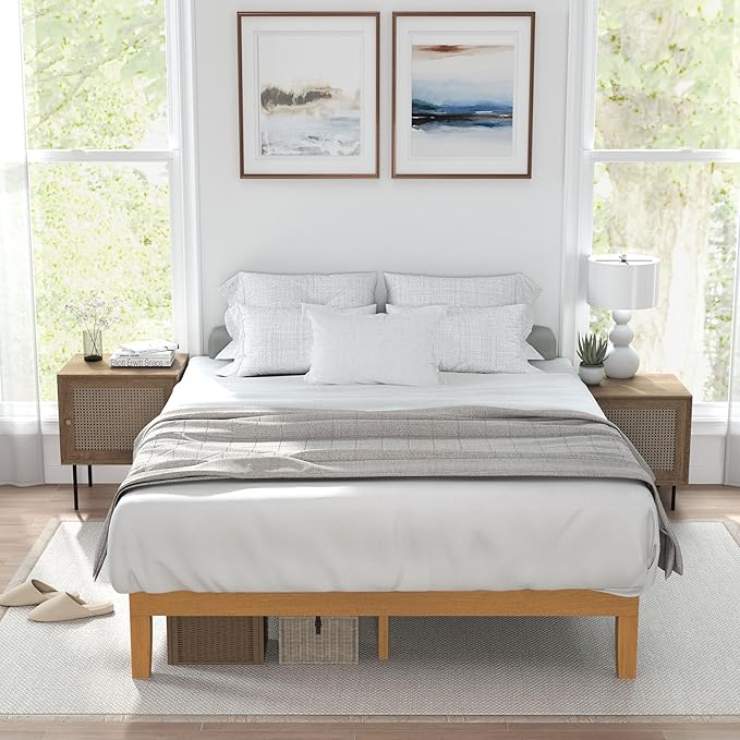 Sweetcrispy Solid Wood Bed Frame, King Size Bed Base with Wood Slat Support, Sturdy, Stylish & Noise-Free Design, No Box Spring Needed, Easy Assembly, 12 in Natural Pine