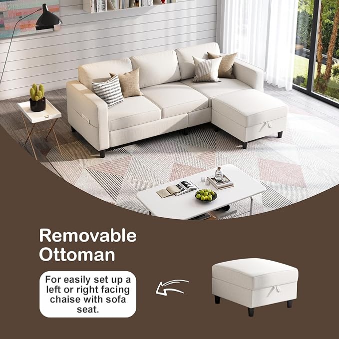 Sectional Sofas Couches for Living Room 78" L-Shaped Couch - Modern Linen Beige Sofa with Storage Ottoman USB for Apartments, Studios & Home Offices, Small Space