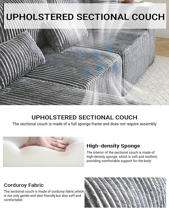 110" Cloud Sectional Couch, Modular Sectional Sofa with Deep Seat, Corduroy Upholstered Boneless Couch for Living Room Bedroom, Left Facing Chaise (Grey, 110" Right Facing Chaise)