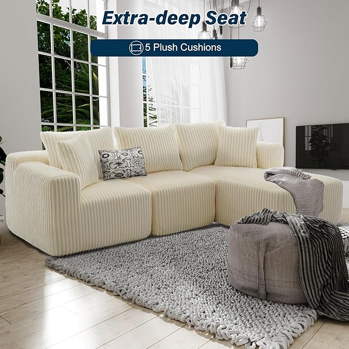 3 Seater L Shaped Sofa with Deep Seat, 101" Cloud Sectional Couch with Chaise, Cozy Modular Couches Sleeper, Oversized Corduroy Sofa for Living Room Bedroom Apartment, Beige