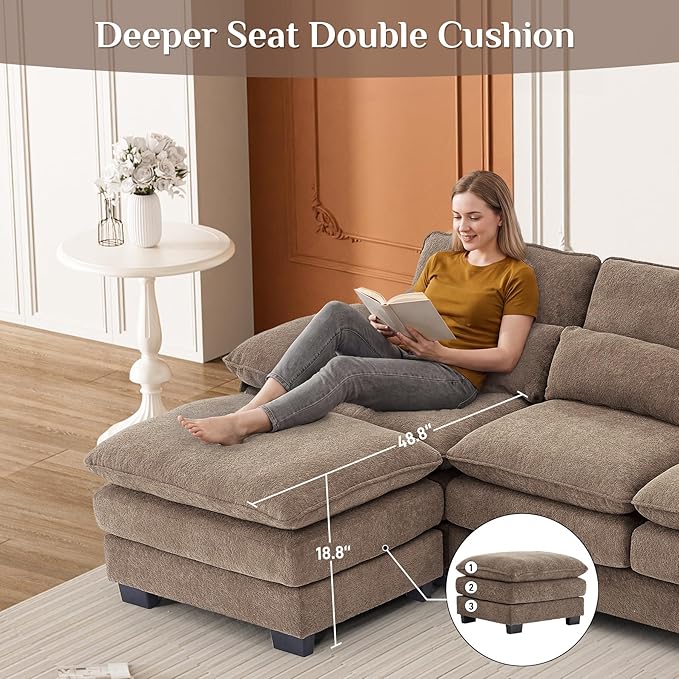 113" Cloud Couch Sectional Modular Sofa U Shaped Sectional Couches for Living Room Comfy 5-Seater Deep Seat Couch Chenille Cloud Sectional Sofa with Movable Ottoman & 4 Pillows, Brown