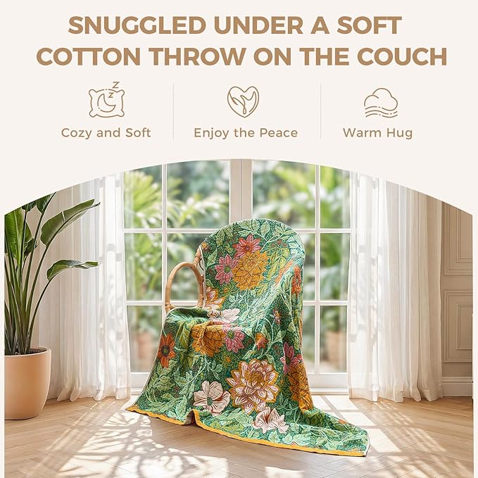LUTBM Boho Throw Blanket for Bed Cotton Spring Blankets Bedroom Living Room Twin All Season Lightweight Floral Embroidery Quilt for Couch Sofa Chair 60"x80"