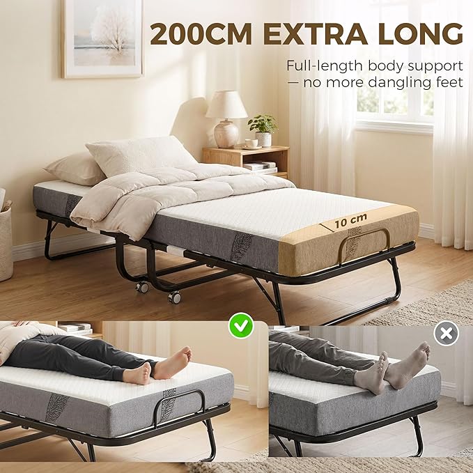 HOMCOM Folding Bed with Mattress for Adults, Long Cot Size, Portable Foldable Bed with 5" Memory Foam Mattress & Space-Saving Steel Frame, 79" x 31", Fold Up, Roll Away & Hideaway, White