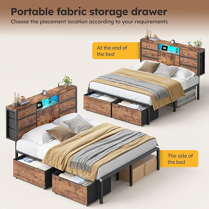 Homkdom Queen Size Bed Frame with 8 Fabric Storage Drawers, LED Lights & Charging Station, Metal Platform Bed Frame with Headboard Storage,No-Noise,Easy Assembly,Modern Brown