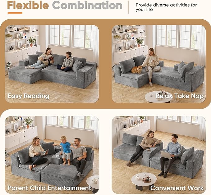Homall 109" Boneless Couch with Memory Foam, Modular Sectional Sofa with L-Shape Chaise, Cloud Couch with Deep Seat, Dual Cup Holders & Side Pockets, No Assembly Required (Gray)