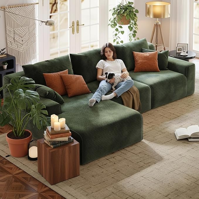 97" Cloud Couch Sectional, L-Shaped Corduroy Fluffy Modular Sofa with Deep Seat, Boneless Comfy Couches for Living Room,Bedroom, Left Facing Chaise, No Assembly Required (Green)