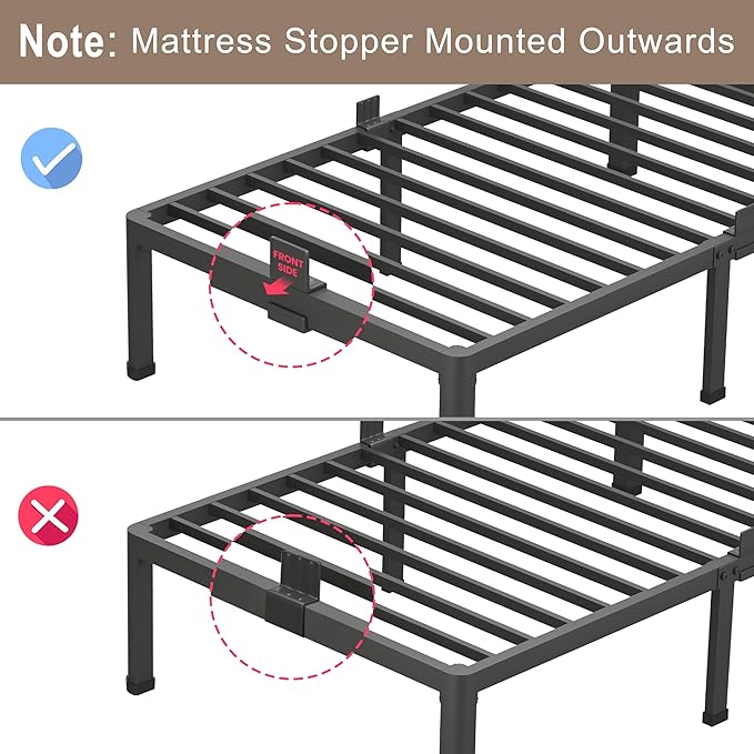 ROIL 18 Inch Twin Size Bed Frame with Mattress Slide Stopper - Single Black Basic Anti Squeak Steel Slats Metal Platform, Heavy Duty Noise Free Easy Assembly Bedframes, No Box Spring Needed