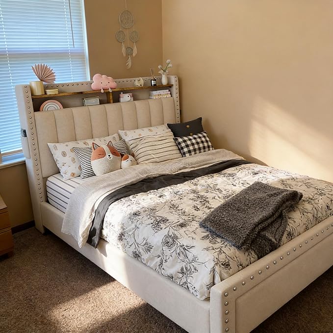 EnHomee Twin Bed Frames, Upholstered Twin Bed with Storage Drawer and 2-Tier Headboard, Vertical Tufted Headboard Design, Extra Storage Space for Bedroom Apartment, Beige
