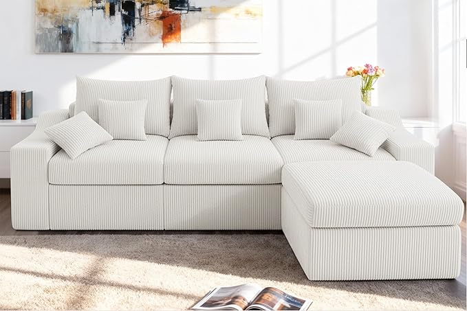 HABUTWAY 104" L Shaped Cloud Sectional Couch, Boneless Modular Sectional Sofa with Deep Seat, Corduroy Couches for Living Room, Modular Couch, No Assembly Required (Beige)