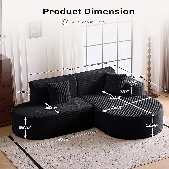 Modern Curved Boneless Sofa Couch, L-Shaped Corner Sofa, Corduroy Upholstered Cloud Sectional Couch for Living Room, Bedroom and Apartment,No Assembly Needed(Black, Right Hand Facing)