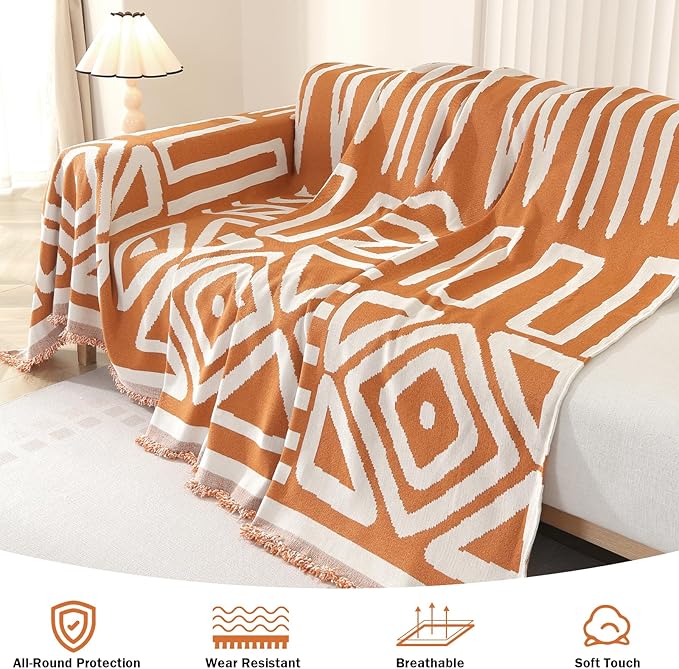 OstepDecor Boho Sectional Couch Covers 2 Pieces, L Shaped Sofa Cover, Chenille Couch Cover for Dogs Washable, Couch Cover Blanket, Sofa Slipcover for 2-3 Cushion Couch (71"x110"+71"x118", Orange)