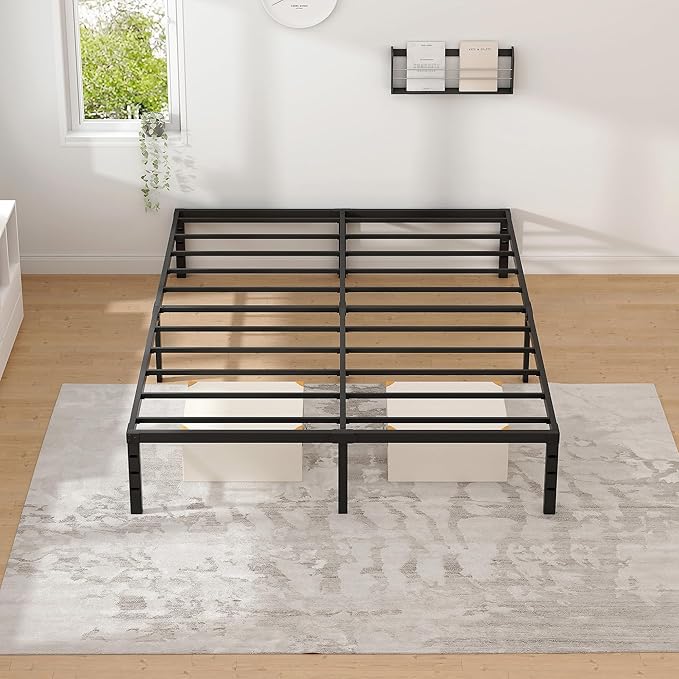 Metal Bed Frame,Full Size Bed Frame with Storage Space,Heavy Duty Sturdy Mattress Foundation,Easy Assembly,No Box Spring Needed, Black,16 Inch,Full