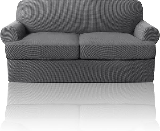 PrinceDeco T Cushion Loveseat Slipcover 3 Pieces Sofa Covers for T Cushion Sofa Stretch Sofa Covers for 2 Cushion Couch with 2 Individual T Shape Seat Covers Width Up to 76"- Washable, Grey