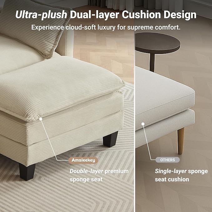 Modular Sectional Sofa, 76.5" L-Shaped Corduroy Comfy Sectional Couches for Living Room, 2-Seater Cloud Couches with 1 Movable Ottoman, Flexible Combination Modern Deep Seat Sofa (Beige)