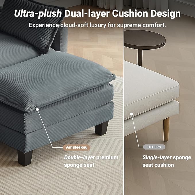 Modular Sectional Sofa, 76.5" L-Shaped Corduroy Comfy Sectional Couches for Living Room, 2-Seater Cloud Couches with 1 Movable Ottoman, Flexible Combination Modern Deep Seat Sofa (Grey)