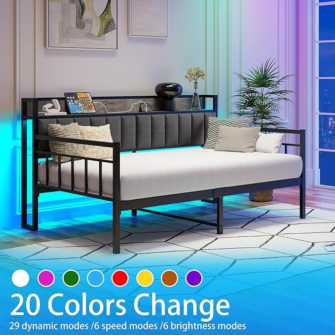 BOFENG Metal Daybed Frame Twin Size Platform Daybed with Charging Station,LED Lights,Metal Sofa Bed Frame for Living Room,Bedroom,Guest Room,Heavy Duty Metal Slats,Noise Free,Black