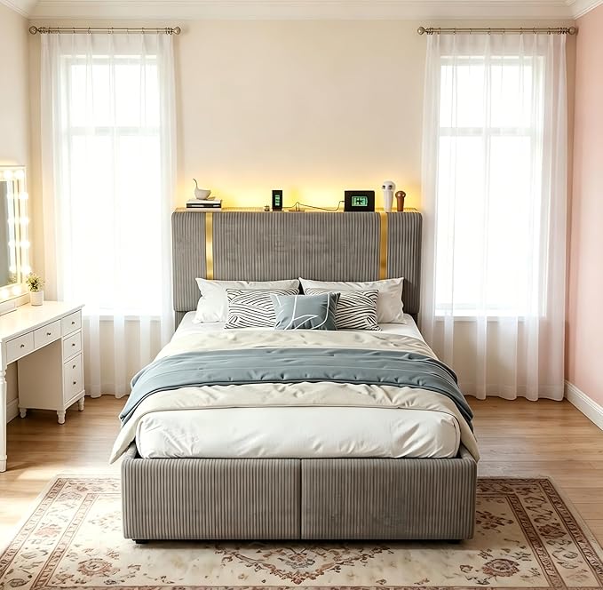 Homkdom Full Size Bed Frame with Headboard & 6 Storage Drawers,Soft Upholstered Bed Frame Full with LED Light & Charging Station,1200-LB Heavy Duty Metal Support,Modern,Grey