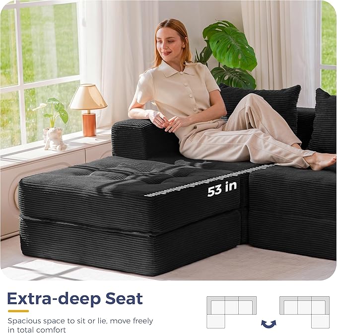 MAXYOYO Modular Sectional Sofa Couch, Foldable L-Shaped Folding Sofa Bed with Ottoman, Convertible Sectional Couch Corded Tufted Floor Sofa Lounger with Pillows for Living Room, No Assembly, Black