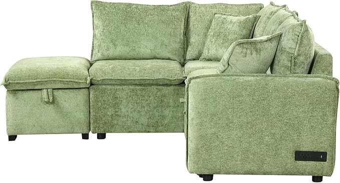 LUMISOL 82.7" Convertible Sleeper Sofa Bed with Storage Ottoman, L-Shaped Sectional Sofa with Pull Out Bed, USB Ports, Chenille Sleeper Sofa Couch with Chaise for Living Room, Green