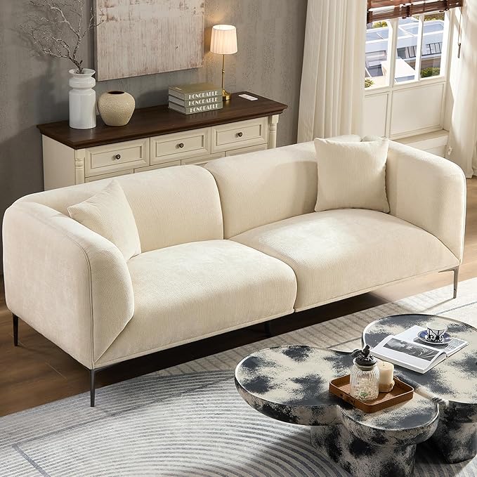 MEETAKING 82.68" Modern Sofa, 3-Seater Deep Seats Tuxedo Couch, Boucle Sofas with 2 Pillows, Minimalist Couches Straight with Metal Legs, High Armrests for Living Room,Bedroom,Home Office (Beige)