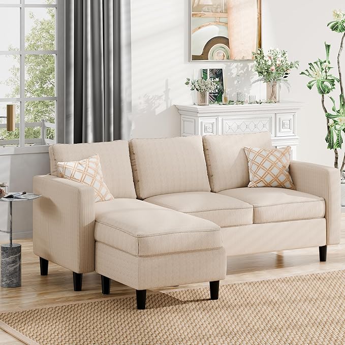 Nuturelly Convertible Sectional Sofa Couch with Movable Ottoman, 3-Seater Modern L-Shaped Sofa for Small Spaces, Soft Fabric Couch for Living Room, Small Apartment & Office(Khaki)