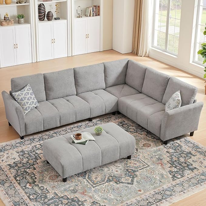 103" Convertible Sectional Sofa with Long Ottoman, Modern Upholstered Fabric L-Shaped Couch with Back Cushions, 6 Seat Sofa Couches for Living Room, Apartment, Office, Light Grey