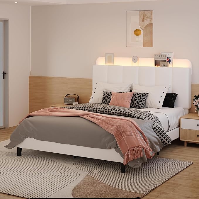BarnFurin Queen Bed Frame with LED Lights, Upholstered Bed Frame Queen Size with Storage Headboard, Modern Platform Design Noise-Free, No Box Spring Needed, Easy Assembly, White