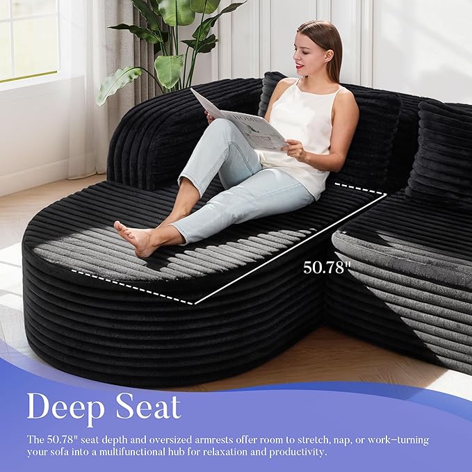 Hobestluk 96" Cloud Sectional Couch Modern Boneless Couch 3 Seater with Oversized Chaise L Shaped Modular Sofa Couches for Living Room Apartment No Assembly Required (Stripe Black,Left Facing Chaise)