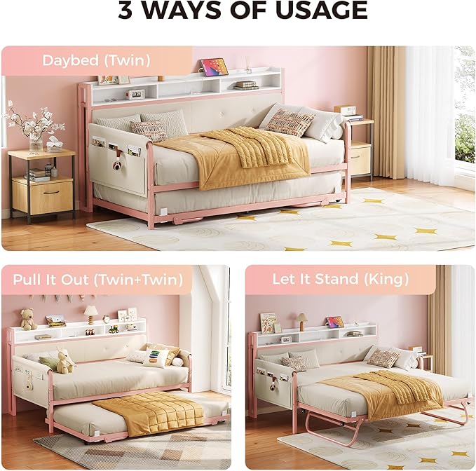 LIKIMIO Daybed with Trundle, Twin Bed Frame with Upholstered Headboard and Charging Station, Sofa Day Bed with Strong Supports for Living Room, Bedroom and Guest Room, Pink