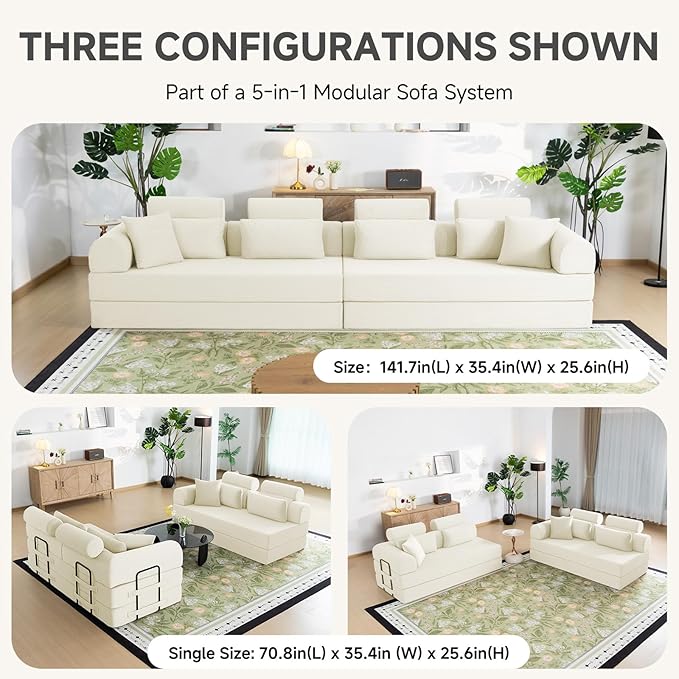 Boneless Sectional for Small Spaces, 106” L Shaped Couch from Two 70.87” Modules, Reconfigures to 141.7” Straight Sofa, Corduroy Compressed Couch in a Box with Headrest Back Pillows, White