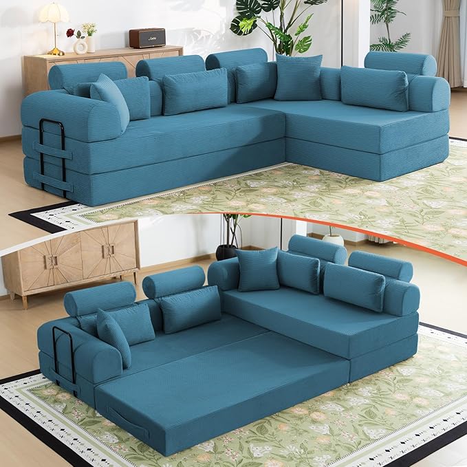 106" L-Shaped Boneless Sectional Couch, 2-Piece 70.87" Modules, Converts to 141.7" Extra-Long Straight Sofa, Corduroy Couch in a Box with Headrest & Back Pillows for Living Room, Light Blue