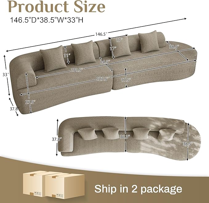 147" Oversized Sectional Sofa for Living Room, Large Modern Chenille Curved Cloud Couch, Luxury Plush 6-Seater Extra Deep Seat Boucle Boneless Couch, No Assembly Required, Light Brown