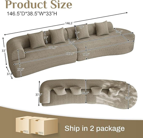 147" Oversized Sectional Sofa for Living Room, Large Modern Chenille Curved Cloud Couch, Luxury Plush 6-Seater Extra Deep Seat Boucle Boneless Couch, No Assembly Required, Light Brown