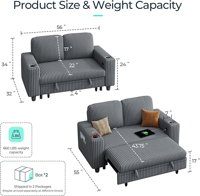 LINSY HOME Sectional Sleeper Sofa with Pull Out Couch Bed for Living Room (Grey) | Plush Corduroy, Storage Ottoman, Storage Chaise, Pull Out Couch, USB Charging