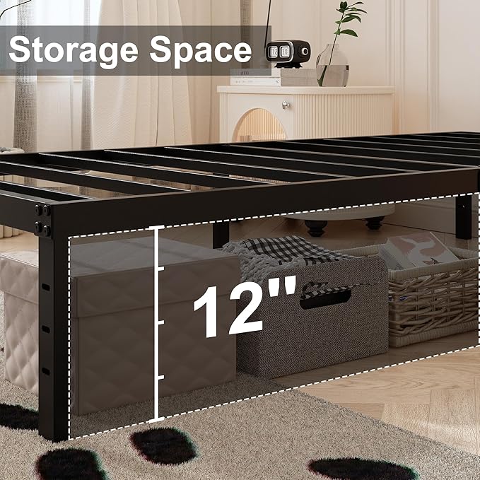 Maenizi 14 Inch XL Twin Bed Frame with White Fabric Cover, Heavy Duty Metal Twin XL Platform Bed Frame, No Box Spring Needed, Support Up to 2500 lbs, Easy Assembly, Noise Free, Black