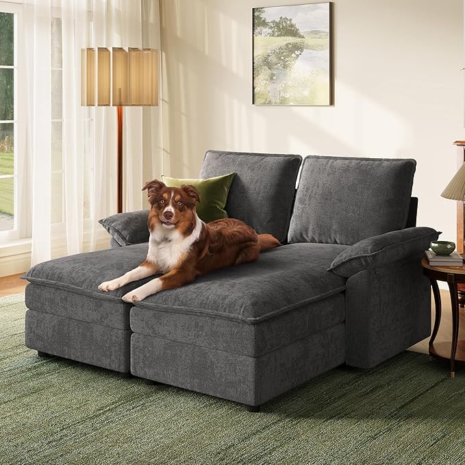 LINSY HOME Modular Sofa Chaise Lounge, 65" Cloud Sofa Bed Lounge with Armrests, Chenille Sleeper Sofa for Living Room, Apartment, Home Theater, Grey